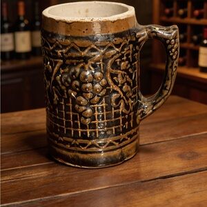 Antique North Star Stoneware Mug Brown Salt Glaze Raised Grape & Trellis Design
